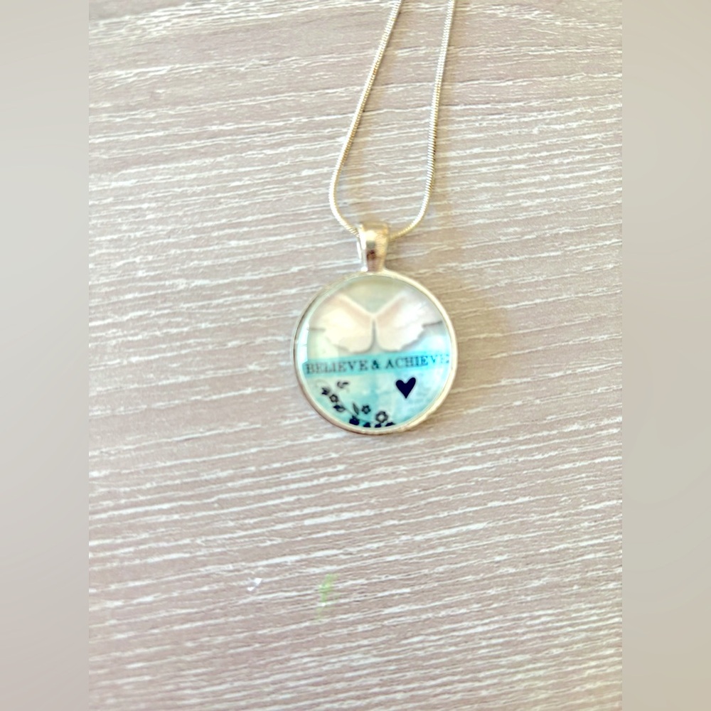 SILVER TONED NECKLACE With Circle Pendant, Adjustable 9”-10”, Believe & Achieve! - Picture 3 of 6